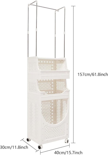 Rolling Laundry Hamper with Hanging Rod, 3-Tier Laundry Hamper Cart with 6 Hooks - Image 2