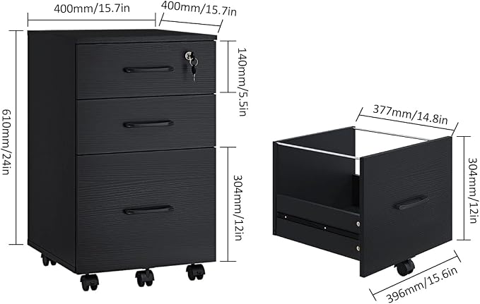 Panana 3 Drawer Wood Mobile File Cabinet, Under Desk Storage Drawers Small File - Image 3
