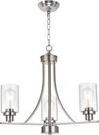 BONLICHT Contemporary Chandelier 3 Light Brushed Nickel Modern Lighting Fixtures Hanging Clear Glass Shades Pendant Light Classic Ceiling Lamp for Kitchen Dinging Room Living Room Bedroom Hallway