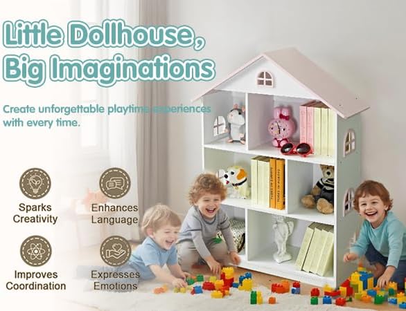 Wooden Dollhouse Bookshelf 4-Tier Kids Bookcase, Toy Storage Organizer & - Image 5