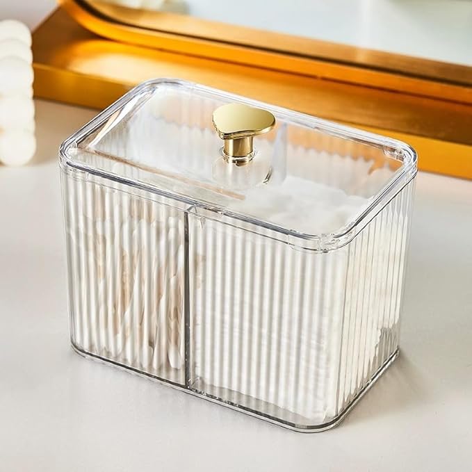 Qtips Holder Bathroom Container, 3-Section Cotton Ball/Swabs Dispenser - Image 2