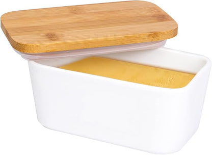 Butter Dish with Lid, LARGE 650ml Porcelain Keeper with Bamboo Lid Cover - Image 7