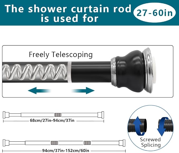 Shower Curtain Rod 27 to 60 Inch, 1 Inch Diameter Adjustable Spring Tension Rod - Image 5
