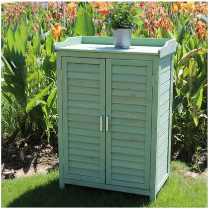 Green Fir Wood Potting Bench, Galvanized Steel Top by Unknown