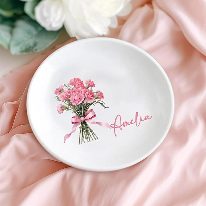 Custom Ceramic Jewelry Tray Birth Flower Personalized Name Decorative Trinket - Image 4
