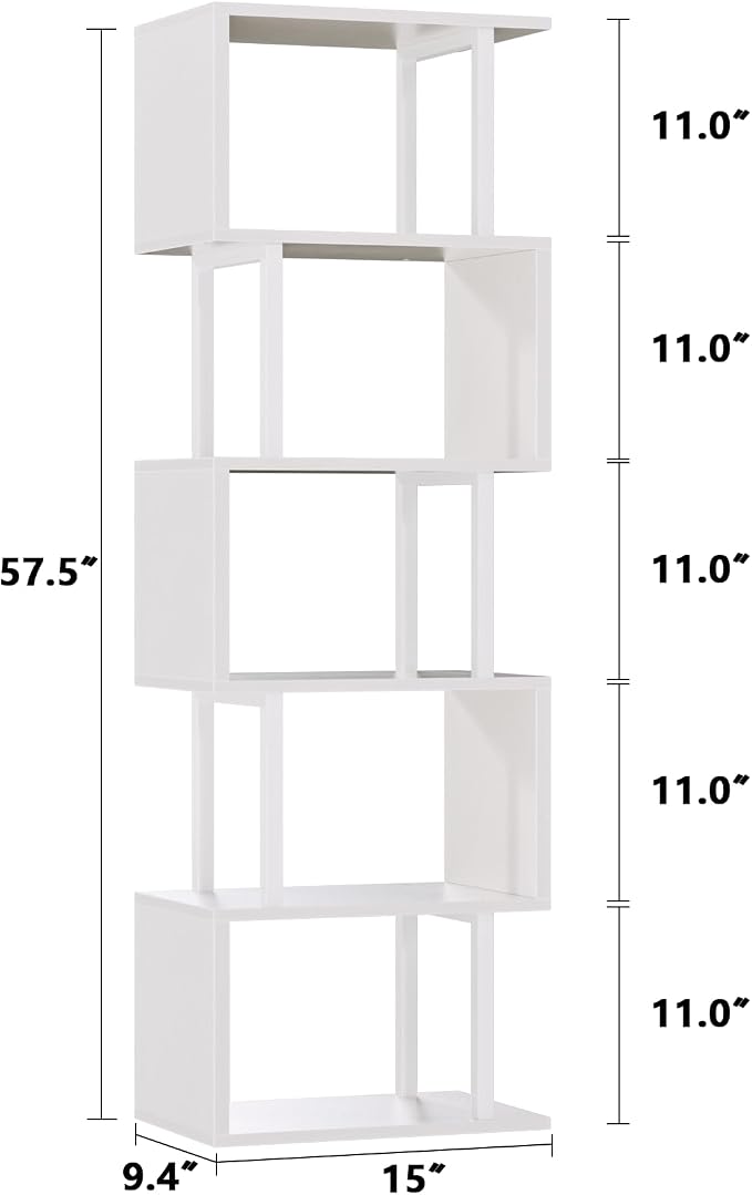 Furologee White Geometric Bookshelf 6 Tier S-Shaped Bookcase, Tall Modern - Image 3