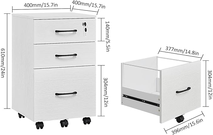 Panana 3 Drawer Wood Mobile File Cabinet, Under Desk Storage Drawers Small File - Image 3