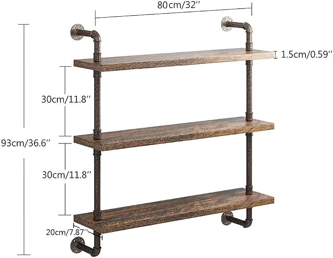 Helsin 3 Tier Industrial Pipe Shelf Rustic Wood Floating Wall Display Bookshelf - Image 3