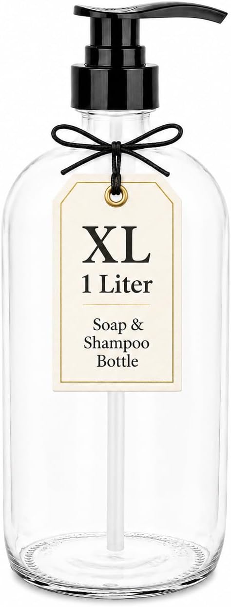 32 Ounce Large Amber Glass Boston Round Bottles w/Natural Color Pumps. Great by KITCHENTOOLZ