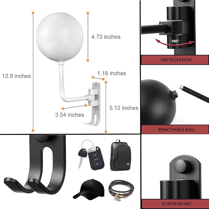 SNAGMO White 180° Motorcycle Helmet Rack, Rotation Metal Helmet Holder Wall - Image 2