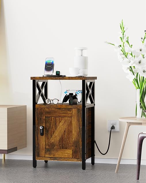 runjuly Wooden Nightstand with Lock Cabinet and Charging Station, Lockable - Image 7