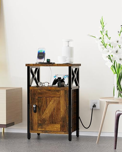 runjuly Wooden Nightstand with Lock Cabinet and Charging Station, Lockable - Image 7