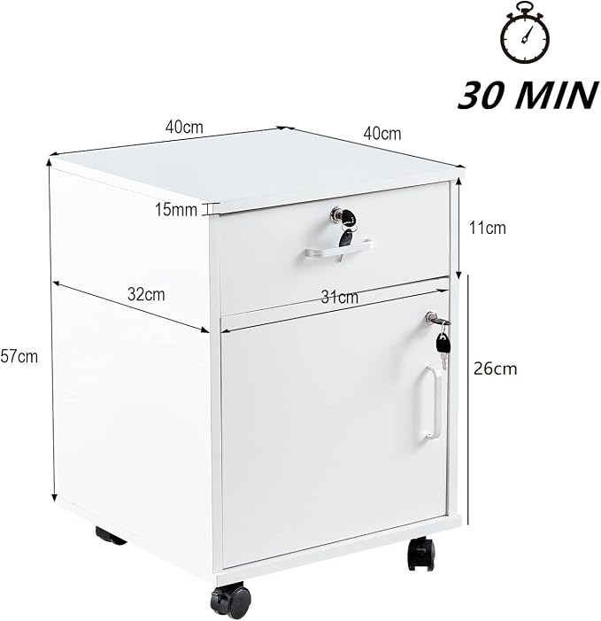 File Cabinet with Lock and Drawer, Mobile Under Desk Storage Cabinet with 360° - Image 2