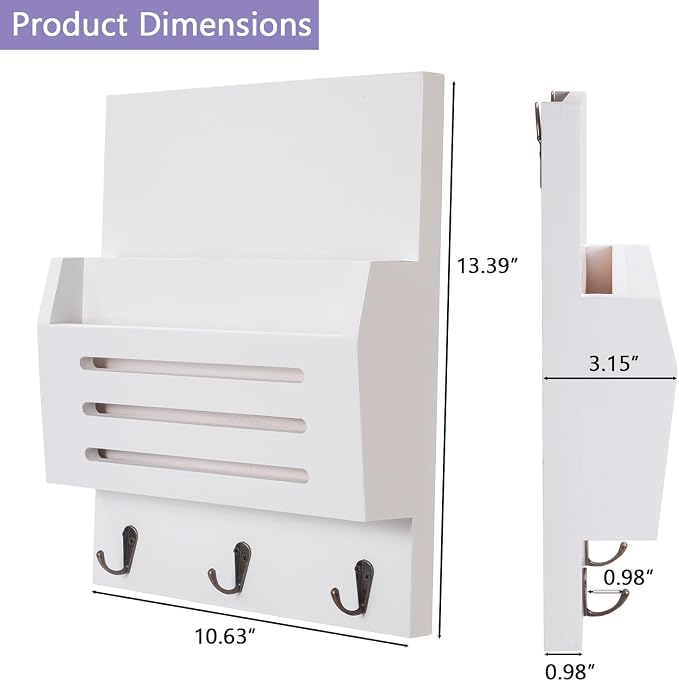 Key and Mail Holder Wall Mount, 2-Slot Wooden Mail Organizer - Image 3