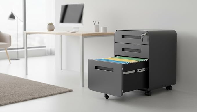 Modern 3-Drawer Mobile File Cabinet, Dark Grey Metal Filing Cabinet - Image 8