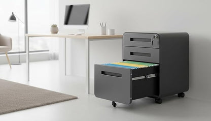 Modern 3-Drawer Mobile File Cabinet, Dark Grey Metal Filing Cabinet - Image 8