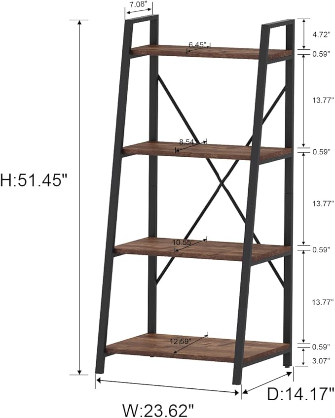 BON AUGURE Industrial Ladder Shelf Bookcase, 4 Tier Rustic Ladder Bookshelf - Image 2