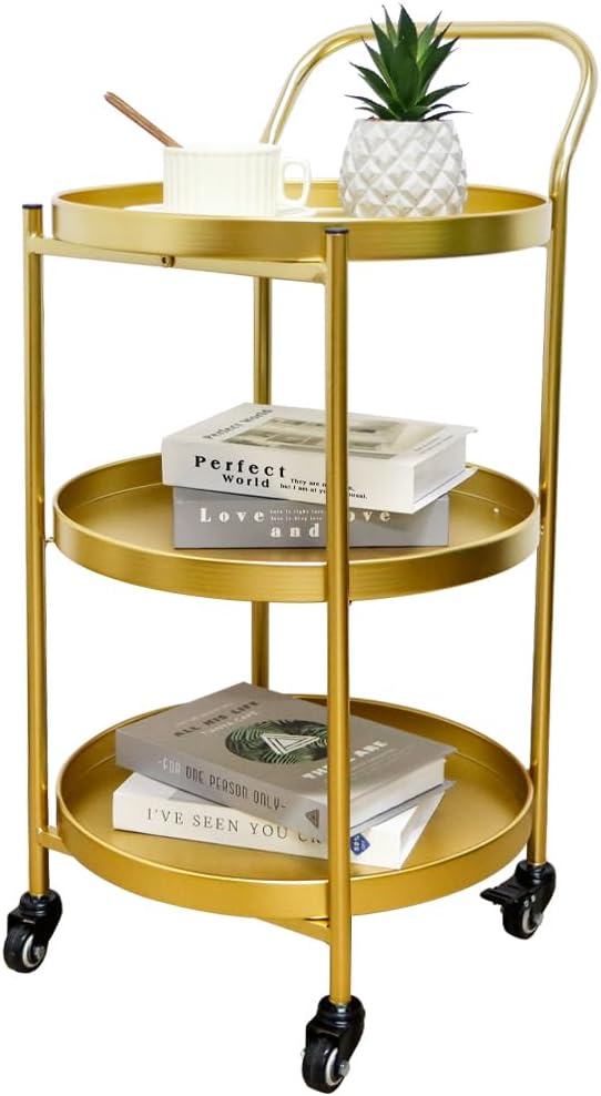 TRIROCKS 18 * 31" H Round Gold 3-Tier Rolling Bar Cart by TRIROCKS