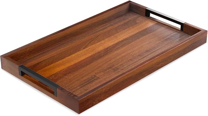 Acacia Wood Serving Tray with Handles, Large Wooden Ottoman & Coffee Table Tray by NOVARAPRIME
