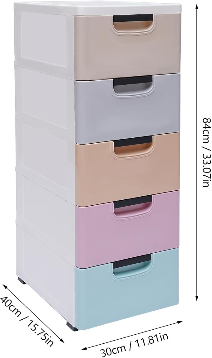 5 Drawer Stackable Storage Tower, Plastic Drawers Dresser, Narrow Rolling - Image 2