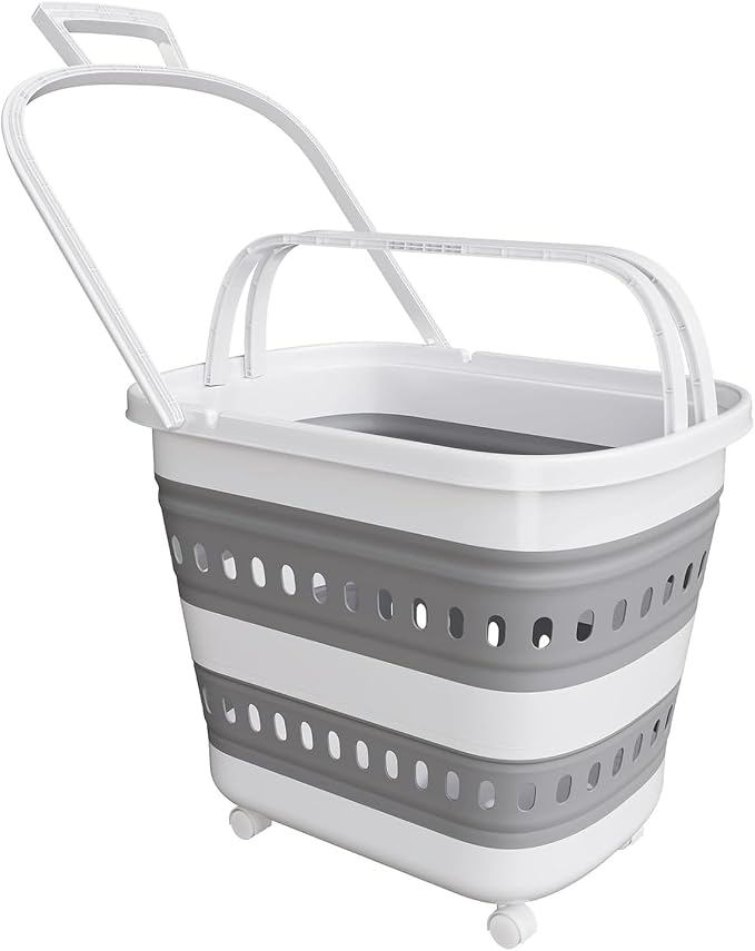 Folding Laundry Basket with Wheels Handle Collapsible Plastic Hamper 38L by Unknown