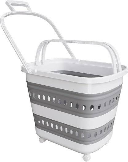 Folding Laundry Basket with Wheels Handle Collapsible Plastic Hamper 38L by Unknown