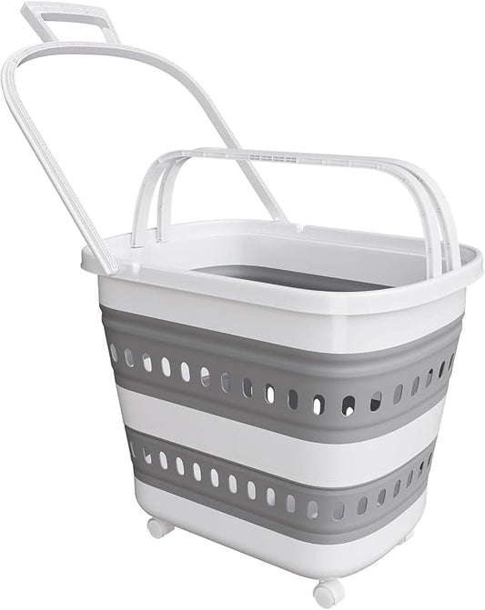 Folding Laundry Basket with Wheels Handle Collapsible Plastic Hamper 38L by Unknown