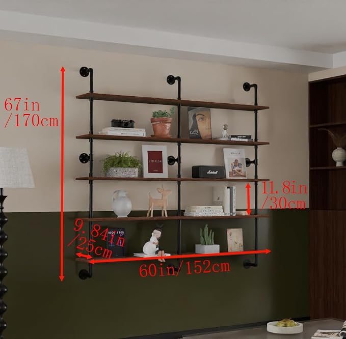 HDDFER Industrial Pipe Shelf Shelving Bookcase, Wall Mounted Rustic Bookshelf - Image 2