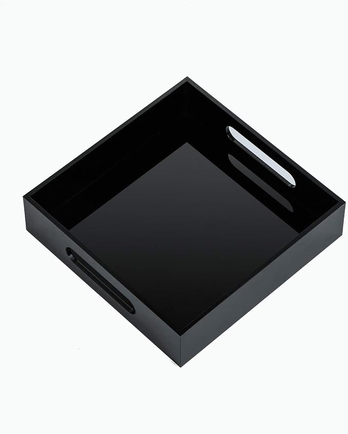 Black Sturdy Acrylic Tray with Handles-8x8 Inch- Countertop Organizer Tray by KEVLANG