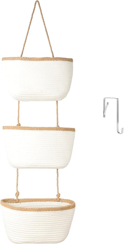 TeoKJ Over the Door Hanging Basket, 3-Tier Woven Cotton Wall-Mounted Storage by TeoKJ