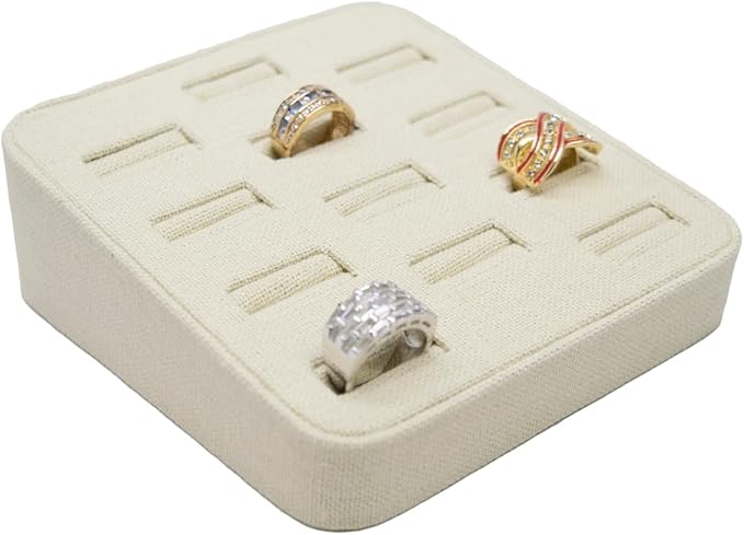 Novel Box 12-Slot Beige Linen Rings/Earrings/Cufflinks Holder Tray 5.75x5x2 by NovelBoxCompanyLtd