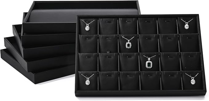 Black PU Leather Jewelry Display Flat Tray Ring Necklace Watch Organizer - Image 8