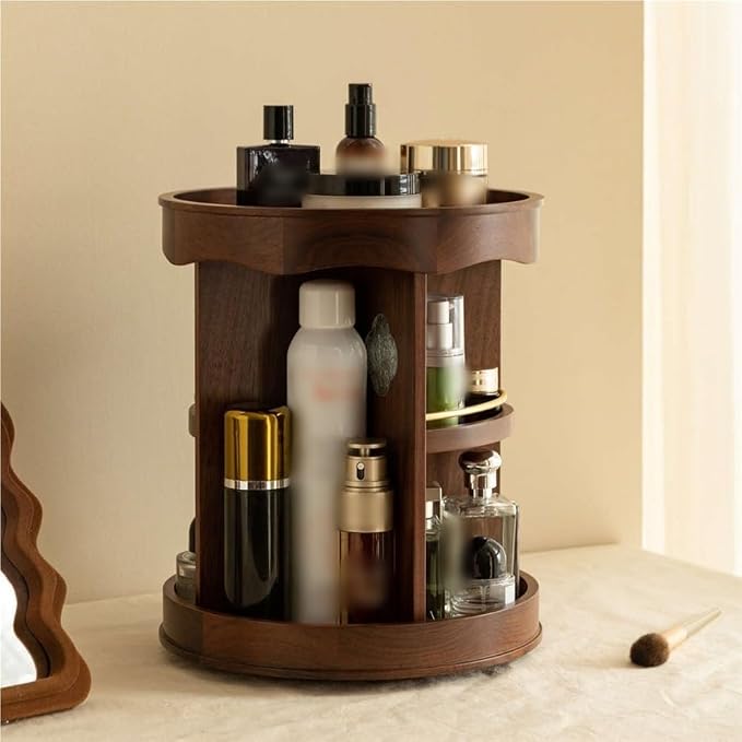 Retro 360° Rotating Makeup Organizer, 3-Tier Wooden Countertop Makeup Storage - Image 7