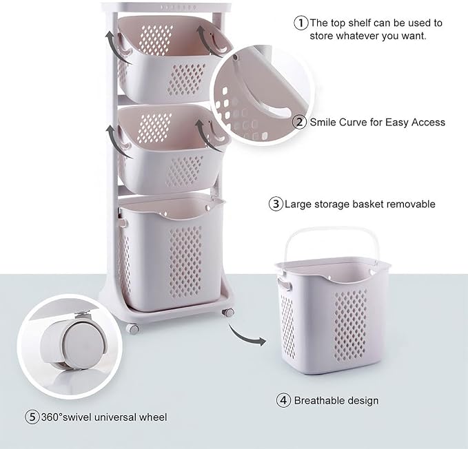 4-Tier Rolling Laundry Hamper Cart - Image 4