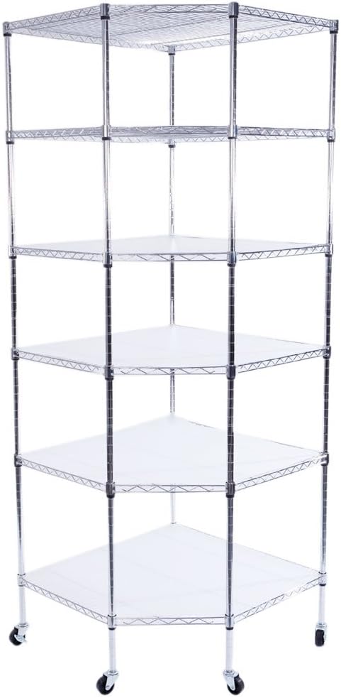 6 Tiers Polygonal Corner Shelf, Metal Storage Standing Rack w/Wheels, Wire by WEIGLOBAL