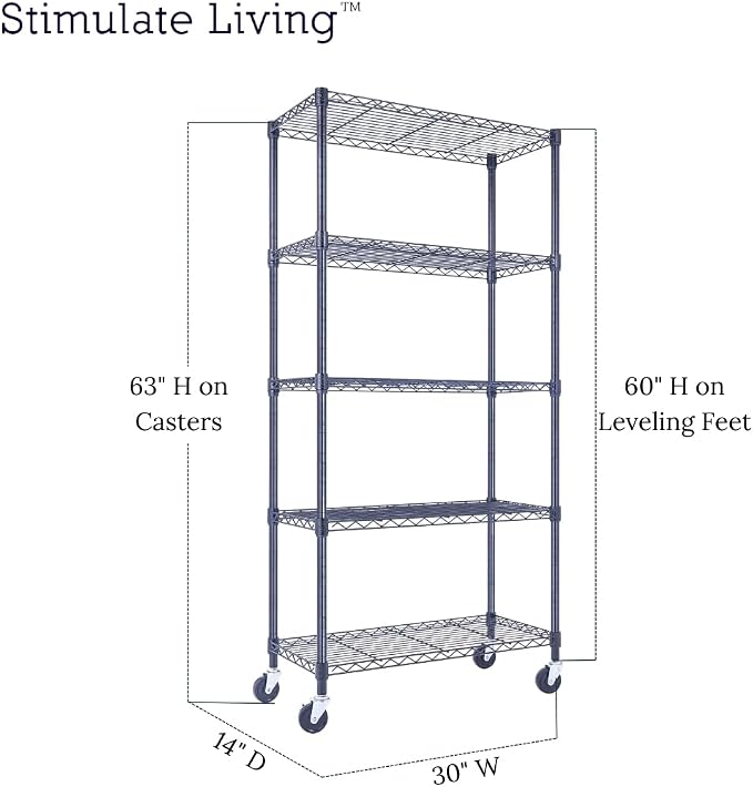 30"x14"x60" PRIME HEAVY DUTY Black 5-Tier Wire Shelving 1, 750 LBS MAX Capacity - Image 2