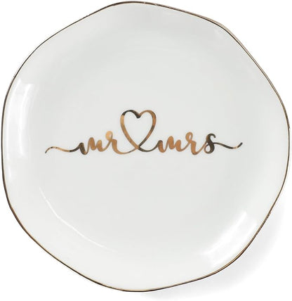 Mr.& Mrs Wedding Ring Dish-Jewelry Dish Tray-Ceramic White by VINCOMIC
