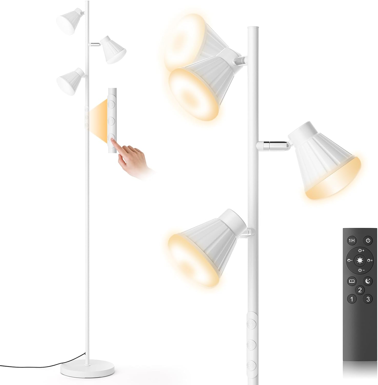36W LED Tree Floor Lamp, Dimmable Tall Standing Lamp with Remote & Touch Control, 4 Color Temperatures Bright Floor Lamp, 3 Rotatable Light Modern Floor Lamps (White)