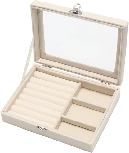 Small Velvet Jewelry Tray with Clear Lid, 2-in-1 Beige | Lockable Ring Earring by Unknown