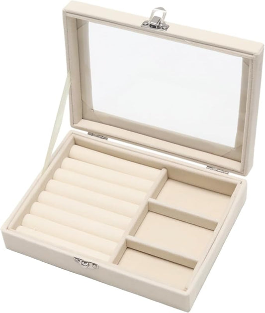 Small Velvet Jewelry Tray with Clear Lid, 2-in-1 Beige | Lockable Ring Earring by Unknown