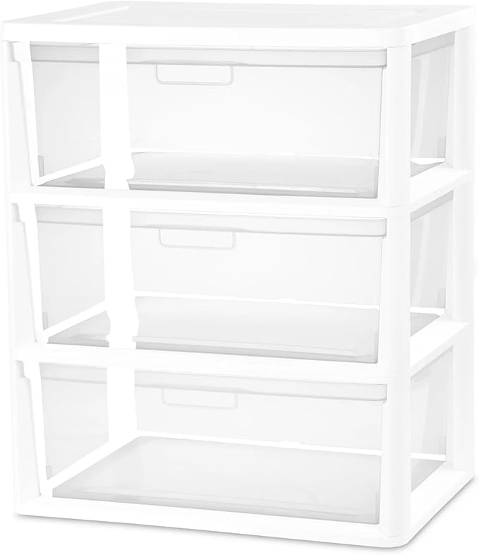 White Wide 3-Drawer Storage Tower, Plastic Organizer Unit by Unknown