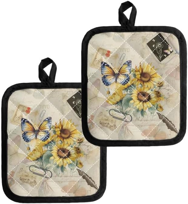 2 Pcs Sunflower Pot Holders for Kitchen, Butterfly Flower Heat Resistant by Jndtueit