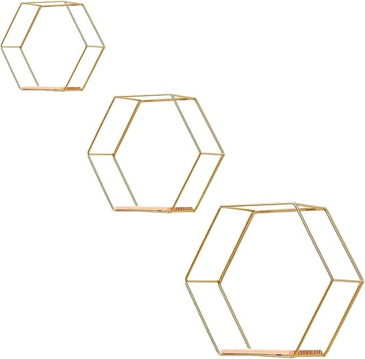 Gold Floating Wall Shelves Set of 3, Metal Hexagon Shelving | Geometric Wall by Unknown