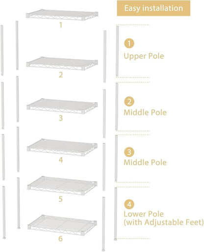 SINGAYE 6 Shelves Storage Shelf Wire Closet Bathroom Organizers Metal Pantry - Image 3