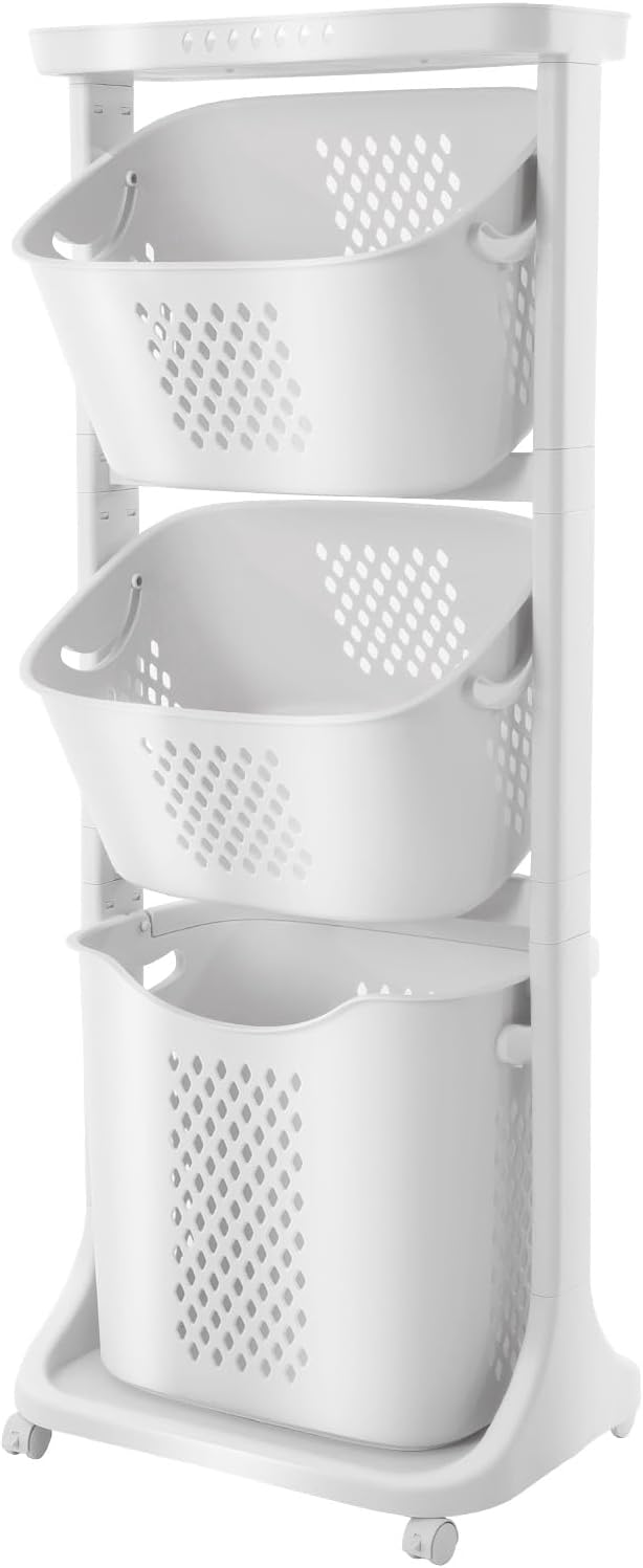 Rolling Laundry Hamper Storage Sorter, 3 Tier Rolling Laundry Hamper Cart White by Unknown