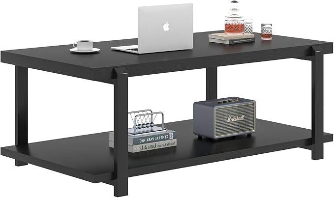 FOLUBAN Black Coffee Table, Modern Rustic Wood Center Table - Image 8