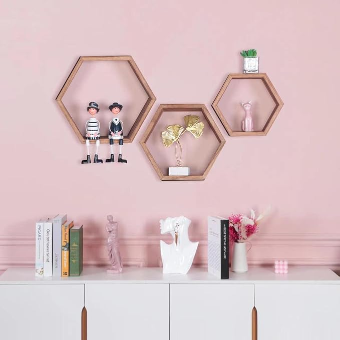 Hexagon Shelves, Floating Wall Shelf, Honeycomb Octagon Cube Shelves Wood | - Image 4