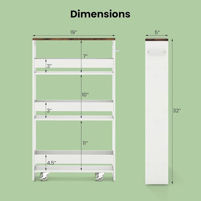 Small Kitchen Cart, 4-Tier Slim Rolling Island w/Handle, Laundry Room Storage - Image 4