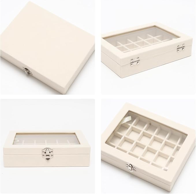 Small Velvet Jewelry Tray with Clear Lid, 24 Grids Beige | Lockable Ring - Image 4