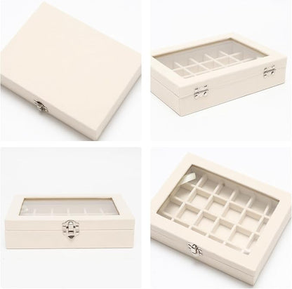 Small Velvet Jewelry Tray with Clear Lid, 24 Grids Beige | Lockable Ring - Image 4